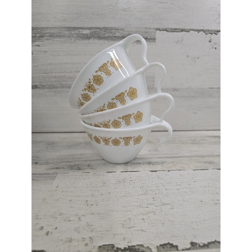 Corelle Butterfly‎ Gold Tea Cups Set of 4 Hook Handle White Vitrelle Corning USA